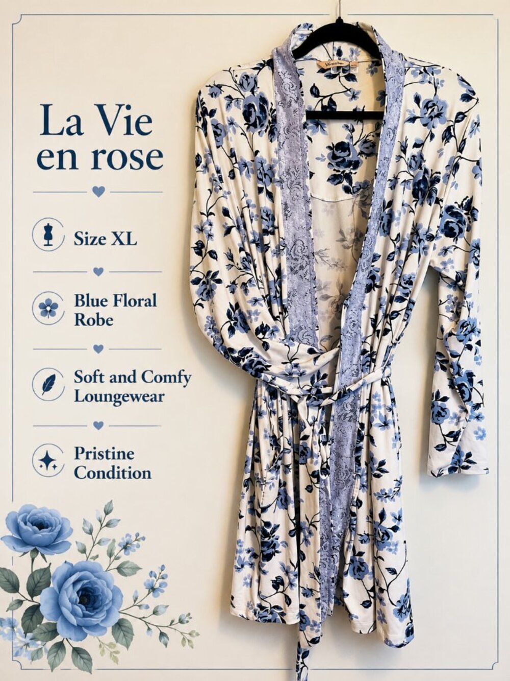 La Vie En Rose Blue Floral Robe Lace Trim 2 pockets Lounge Soft Stretch SIZE XL